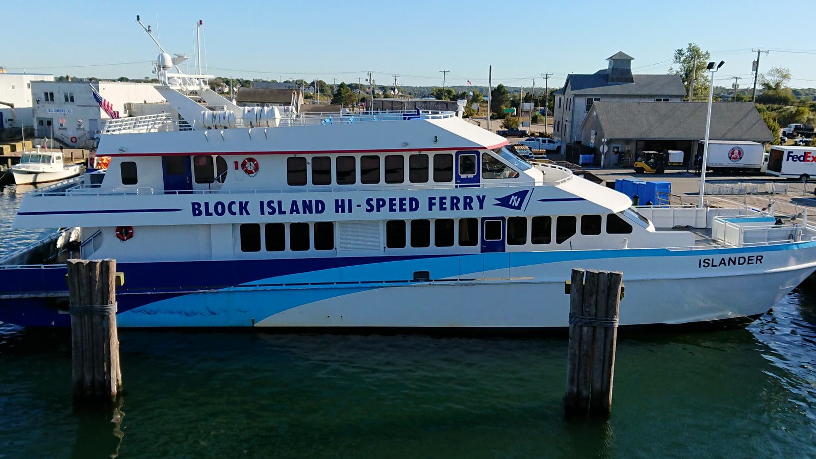 The Block Island Hi-Speed Ferry Islander tied up at the Point Judith ferry dock in Galilee, Rhode Island